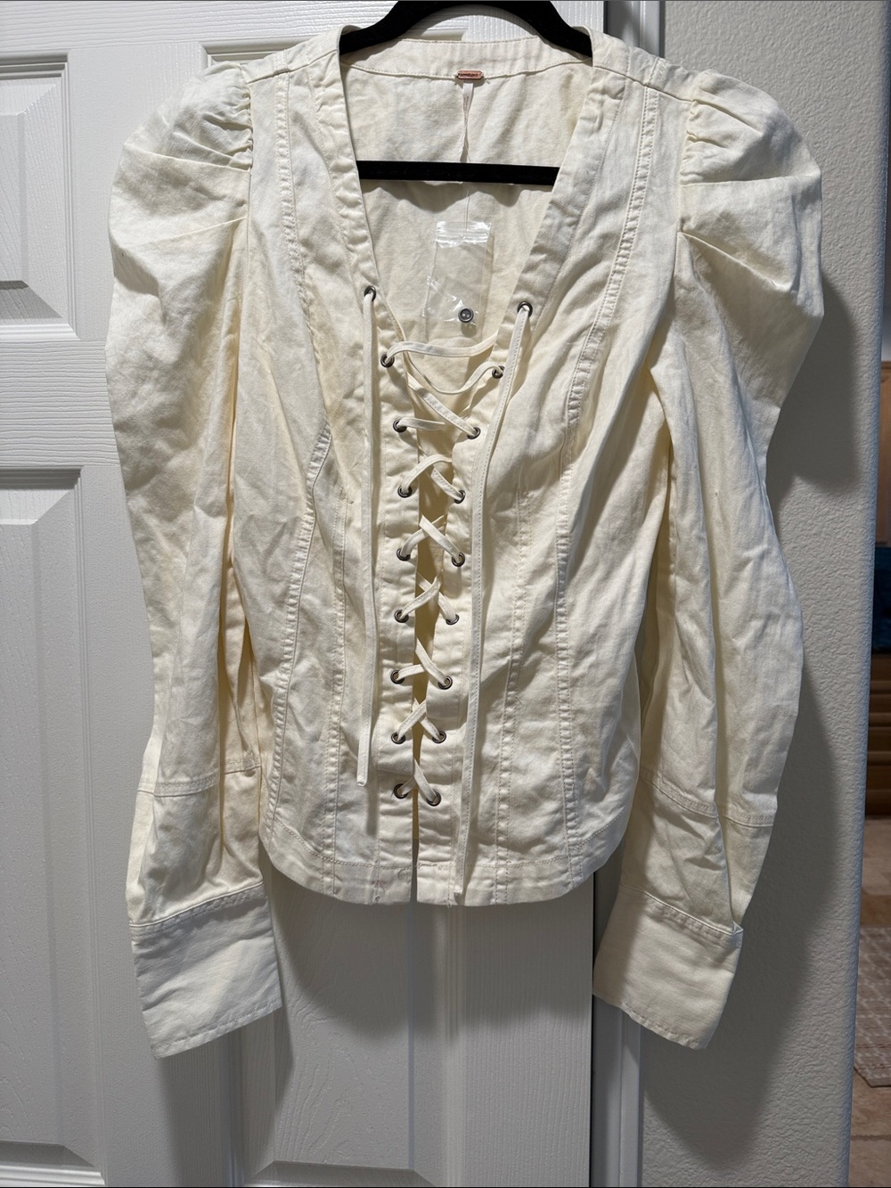 Free People Cream Lace-Up Puff Sleeve Blouse